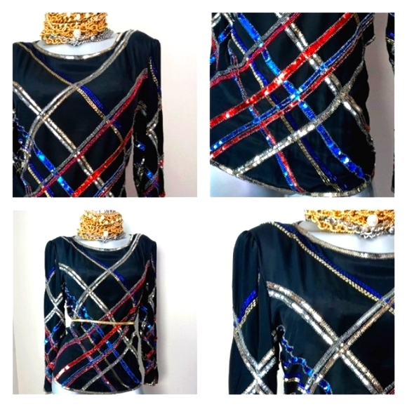 100% Silk "ARGENTI" Sequins & Beads Cocktail Vintage Top - Picture 5 of 14
